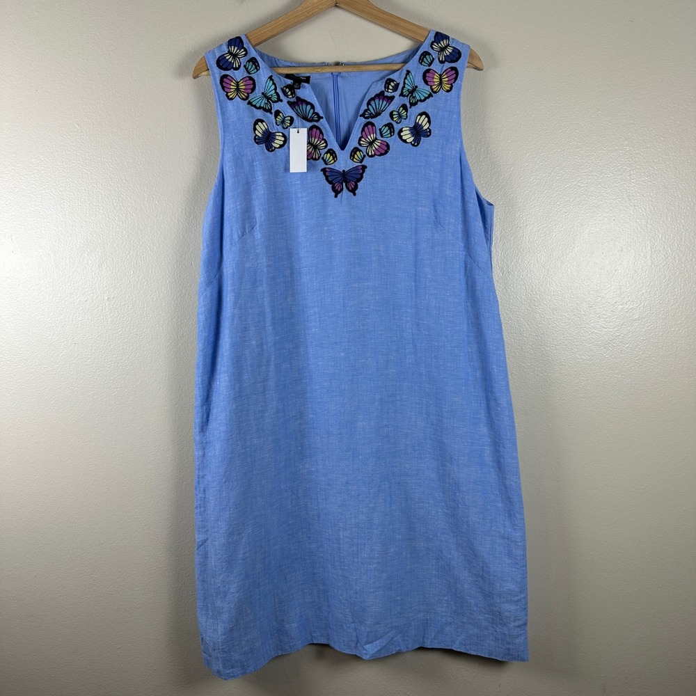 Talbots Women's 12 Shift Dress Blue Linen Blend Butterfly Embroidered V-Neck NWT